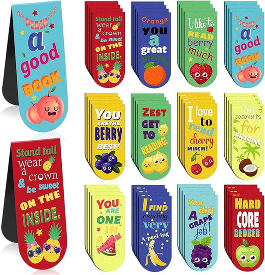 48 Pack Scented Bookmarks Magnetic Scratch and Sniff Fruit Food Bookmarks for Kids Cute Page Markers with Sayings for Kids Students Teens Teachers(Fruit Flavor)