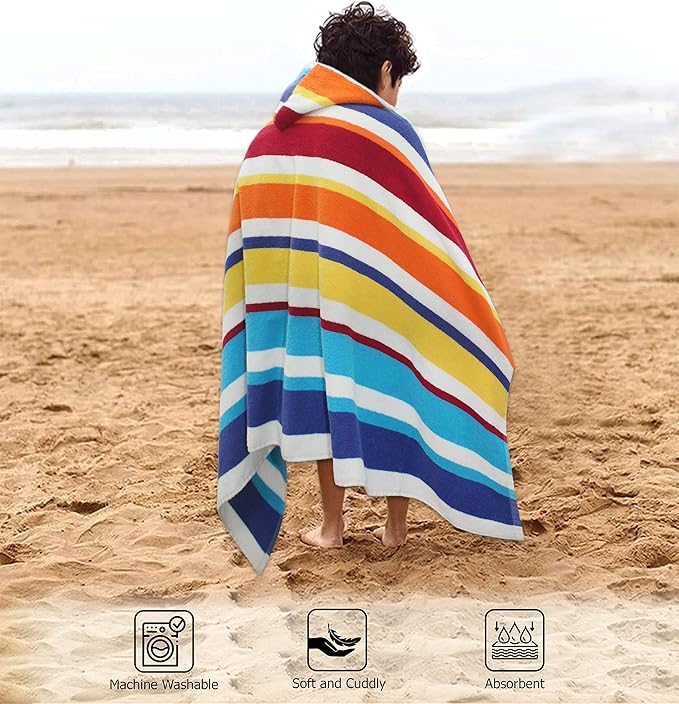 Hooded Bath Towel Wrap - 100% Cotton Terry Large Oversized Hooded Kids Towel - Toddler Shower Pool Beach Towel - Soft Plush Absorbent Quick Dry Easycare Gift - 30x60- Cabana Stripe Multi