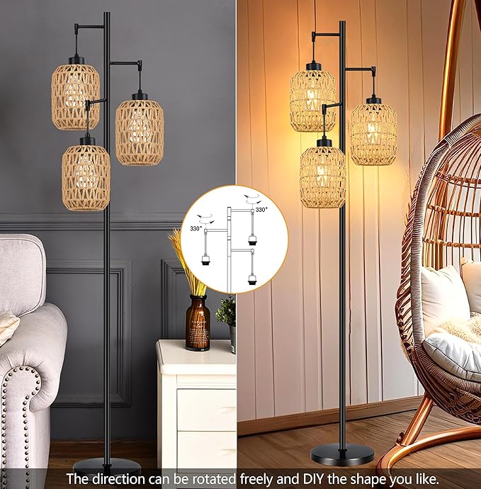 Floor Lamp for Living Room,Bedroom,Boho Rattan Tree 3 Lights Farmhouse Floor Lights,Industrial Black Standing Lamp Wicker Rustic Tall Lamp,Woven Bamboo LampShade Floor Lamps Bohemian