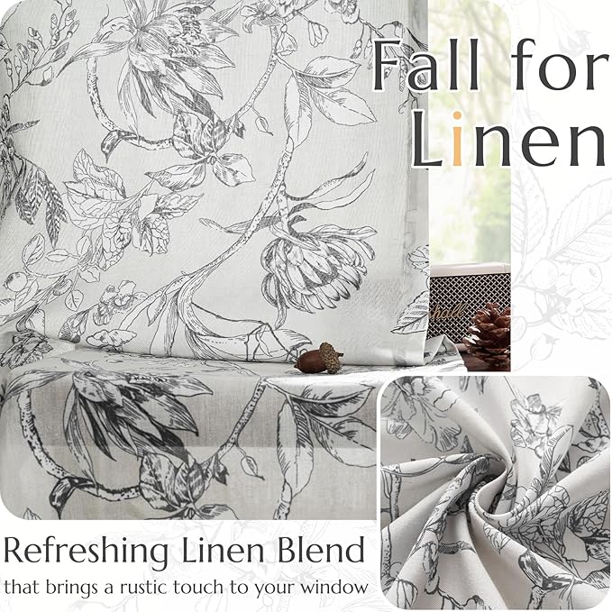 jinchan Floral Curtains 96 Inches Long Charcoal Grey Flower Linen Farmhouse Curtain for Living Room French Country Vintage Curtain Rod Pocket Curtains Set 2 Panels Gray Floral Printed