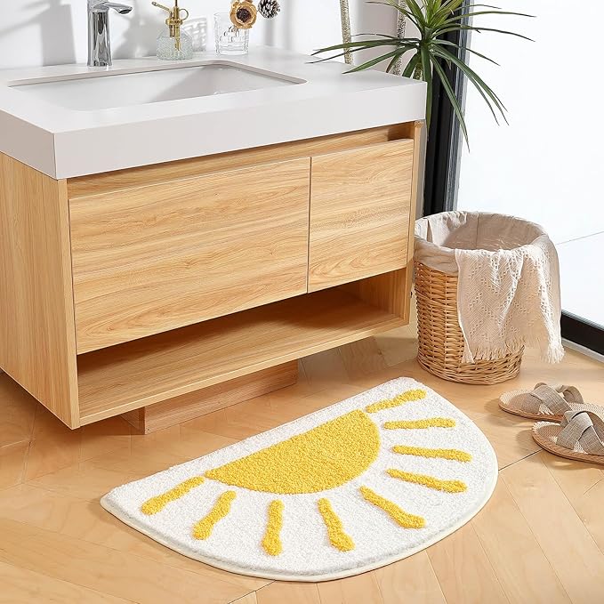 Bathroom Rugs Mat Half Circle - Cute Sun Fun White Yellow Boho Bath Mats Non Slip, Soft Absorbent Microfiber Bohemian Rug, Semi Round Machine Washable Rubber Rugs for Floor Bedroom Toilet Door Bathmat