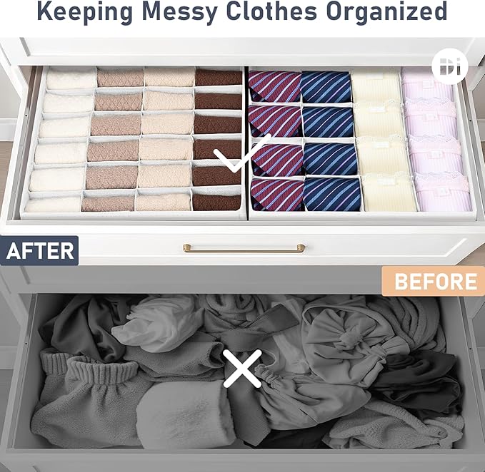 Joyoldelf Sock Drawer Organizer Divider 2 Packs Underwear Organizer, 24 Cell + 16 Cell Closet Organizers and Storage Sock Holders Organizers for Storing Socks, Handkerchiefs, Ties, Belts (White)