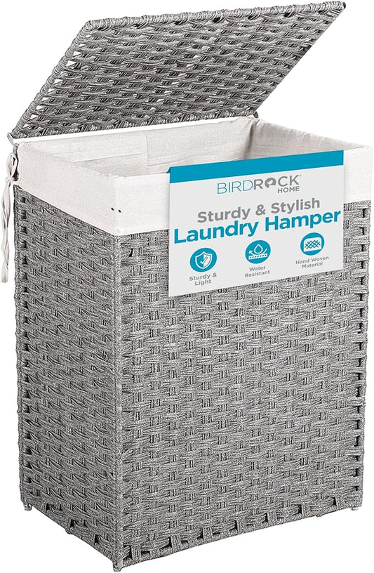 BIRDROCK HOME Laundry Hamper with Lid - Hand Woven PE Rattan Clothes Basket with Removable Liner Bag - Small Collapsible & Foldable Laundry Bin Organizer Storage for Bathroom, Bedroom - Single, Grey