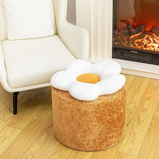 Flower Ottoman 18x15 Inches Charm Floor Pouf for Home Decor All-in-One Foam Filling Ottoman Foot Rest for Couch Fluffy Floral Pouf for Living Room Bedroom Kids Room Light Coffee and White
