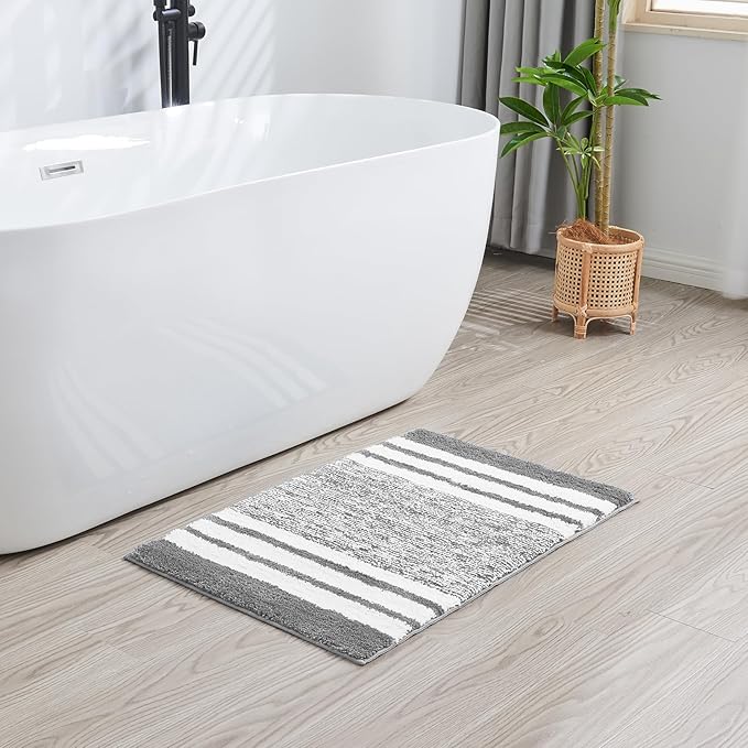CozeCube Grey Striped Bath mats for Bathroom Non Slip, Fluffy Absorbent Microfiber Bath mat Washable, Aesthetic Bathroom Rugs, Cute Bath mat for Sink, 24" x 16"