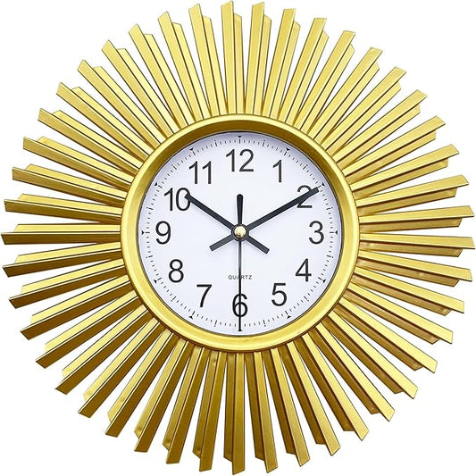 Kitchen Wall Clock, Gold Sunburst Wall Clocks Battery Operated, 10 Inch Modern Decorative Wall Clock for Living Room, Bedroom, Kitchen,Bathroom, Office