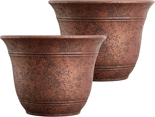 The HC Companies Sierra Round Self-Watering Pot - Lightweight Plastic Planter for Herbs & More - Durable Plant Pots for Indoor Plants & Outdoor Plants (10” Rustic Redstone, Pack of 2)