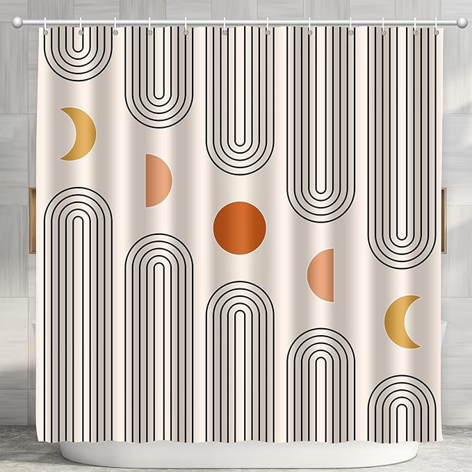 Boho Shower Curtains for Bathroom Mid Century Minimalist Abstract Aesthetic Modern Bathroom Decor Curtain Machine Washable Waterproof Fabric with 12 Hooks (Beige Minimalist, 72" x 72")