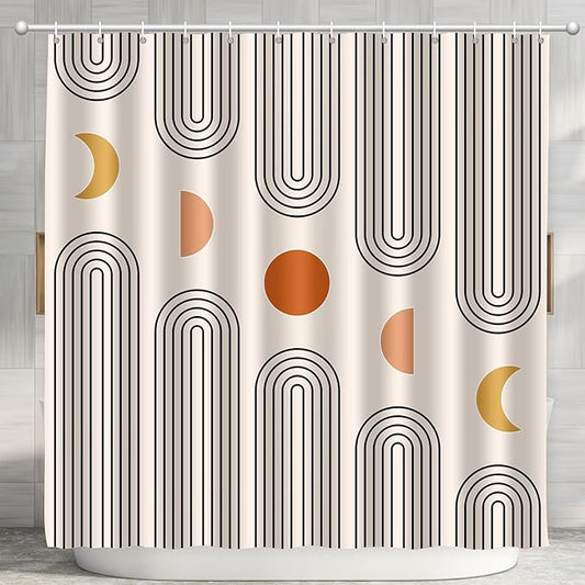 Boho Shower Curtains for Bathroom Mid Century Minimalist Abstract Aesthetic Modern Bathroom Decor Curtain Machine Washable Waterproof Fabric with 12 Hooks (Beige Minimalist, 72" x 72")