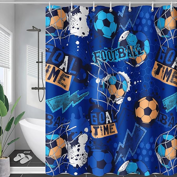 AILONEN Boys Sports Shower Curtain 72" W*72" H Soccer Bath Curtain Football Soccer Ball Printed Shower Curtain Boys Kids Teen Bathroom Curtain Decor Polyester Waterproof Curtain with 12 Hooks