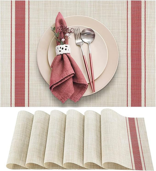 DACHUI Placemats Set of 8, Soft & Elegant Woven Vinyl Place Mats, Water Resistant, Heat Resistant, Washable, Durable Table Mats (Red Stripes)