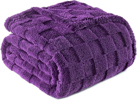 Exclusivo Mezcla Fleece Throw Blanket for Couch,Super Soft and Warm Lightweight Checkered Pattern Blankets for All Seasons,50x60 Inches, Purple