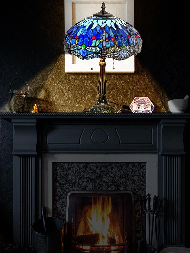 KY&BOSAM Tiffany Dragonfly Table Lamp Tiffany Style Table lamp Stained Glass Style Desk Lamps 24 Inch Tall Glass 16 Inch Wide Lamp Shade Beside Lamp 2 Bulb Antique Zinc Base for Home Bedroom Decor