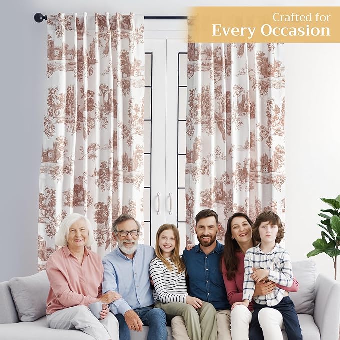 Maison d' Hermine Curtains for Living Room 100% Cotton 84 inch Length One Panel Light Filtering Toile Curtains for Bedroom Windows with Rod and Loop Pockets Drapes (Trianon Brown, 50" W x 84" L)