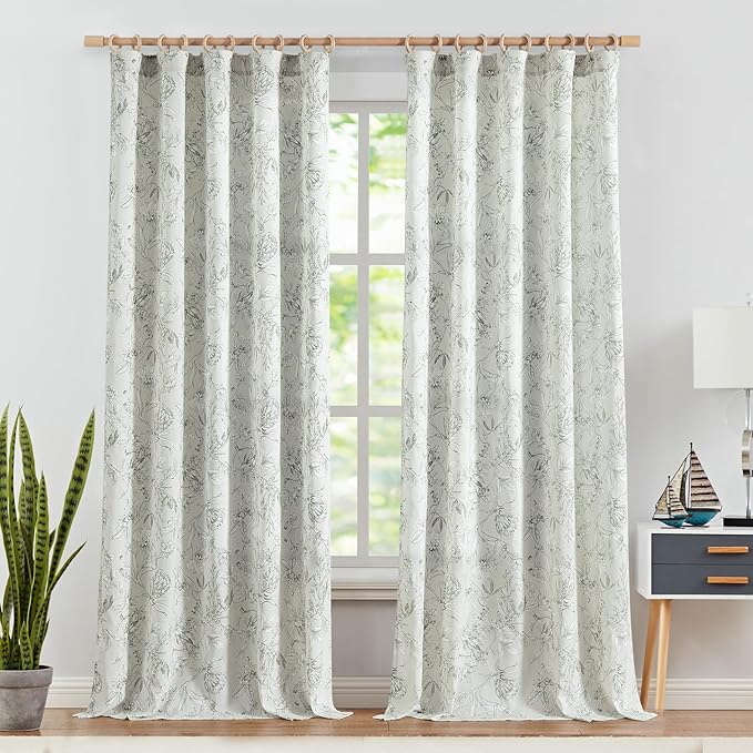 jinchan Floral Curtains 96 Inches Long Charcoal Grey Flower Linen Farmhouse Curtain for Living Room French Country Vintage Curtain Rod Pocket Curtains Set 2 Panels Gray Floral Printed