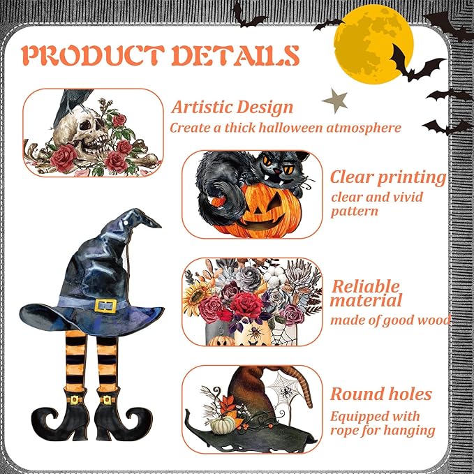Huwena 36 Pcs Halloween Wood Ornament for Tree Vintage Ornaments Wooden Halloween Hanging Decorations Pumpkin Witch Black Cat Wood Cutouts with Ropes for Home Party Decor(Witch Hat)