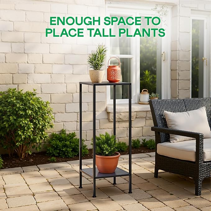 IDZO Tall Metal Plant Stand Black, 2 Tier Plant Stand Indoor and Outdoor, Modern Living Room Decor and Patio Display Shelf for Planters, Flowers, and Home Accessories