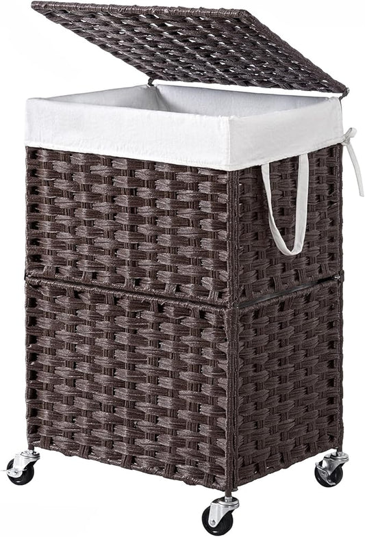 Chrislley 90L Slim Laundry Hamper with Wheels,Rolling Laundry Basket with Lid and Renovable Liner Bag,Handwoven Rattan Organizer for bedroom, bathroom, laundry room (Brown)