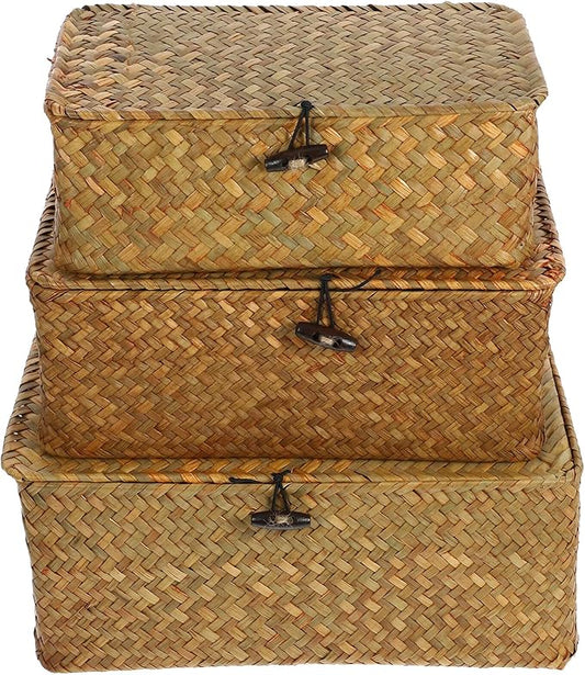 IMIKEYA 3pcs Seaweed Baskets with Lids: Woven Baskets Seagrass Storage Woven Basket Straw Desktop Rattan Storage Basket Hand-Woven Storage Basket for Shelf Desktop Home Decor