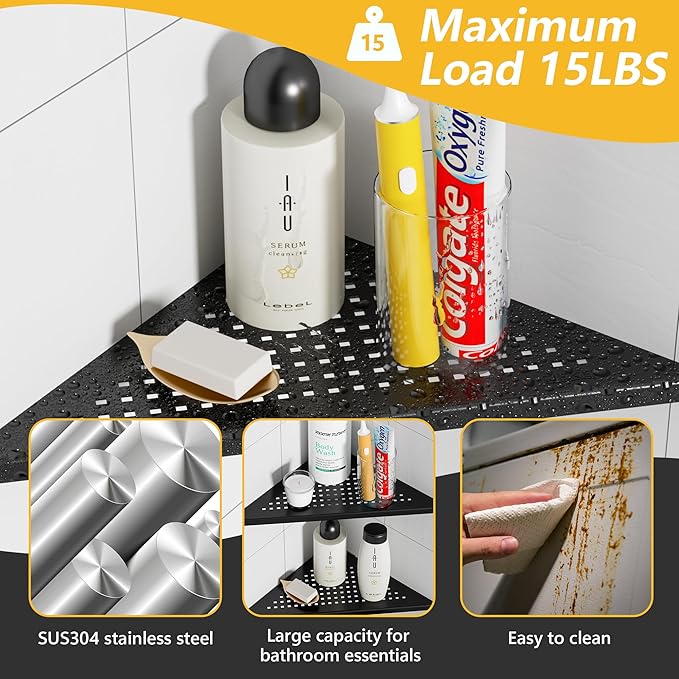 Neodrain 12 Inch Matte Black Corner Wall Shelf Set of 2, Floating Corner Shelves for Wall, 304 Stainless Steel Wall Storage Shelves for Bathroom,No Drilling