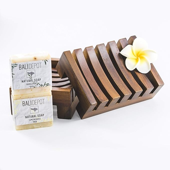 Teak Soap Dish Gift Set - Bundle of 2 Handcrafted Soap Dishes - Handmade in Bali, Stylish, Nontoxic, Recycled, Soap Holder is Perfect for Shower, Bathroom, Kitchen, Tub, and Outdoors