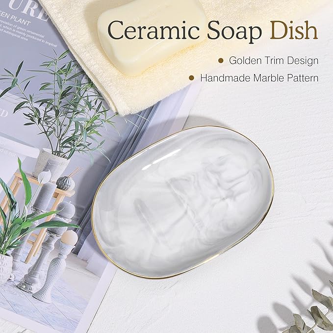Luxspire Soap Dish Holder, Ceramic Marble Soap Tray Bar Soap Holder with Gold Trim, Oval Sponge Case Box Hand Soap Plate Container for Bathroom Vanity Shower Kitchen Sink Easy Cleaning, Marble White