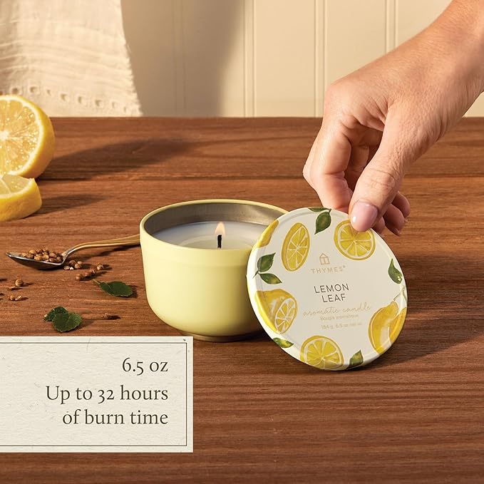 Thymes Scented Candles for Women & Men – Tin with Lid – Luxury Home Decor – Citrus Candles with Notes of Lemon Verbena, White Wood Accord, Lily of The Valley & Bergamot Oil (Lemon Leaf, 6.5 oz)