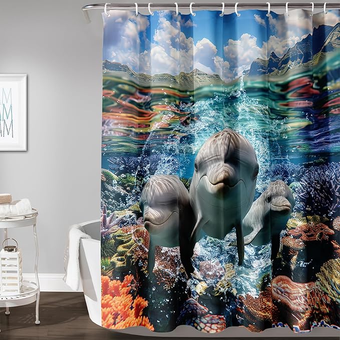 AILONEN Cute Dolphin Shower Curtain,Ocean Dolphin Bath Curtain,Tropic Sea Coral Beach Curtain,Boys Girls Kids Curtain for Bathroom Decor Waterproof, 72" W x 96" H