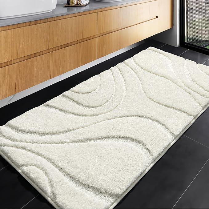 DEXDE Bathroom Rugs Mat, Soft Plush Shaggy Microfiber Bath Rug, Non Slip Bath Mats for Bathroom Runner Floor, Machine Washable Absorbent Carpet for Shower Tub, White 24"x47"