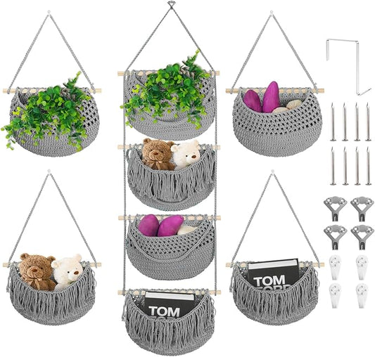 4 Tier Hanging Fruit Basket for Kitchen, 4 Pack Detachable Cotton Crocheted Wall Hanging Baskets Shelf Over Door Organizer for Fruit Veggie Plant, Hanging Storage Basket for Bathroom Bedroom(Gray)