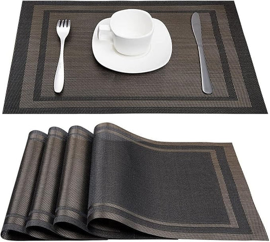 DACHUI Placemats Set of 8, Linen Look Woven Place Mats, Water Resistant, Heat Resistant, Washable, Durable Table Mats (Black Gold)