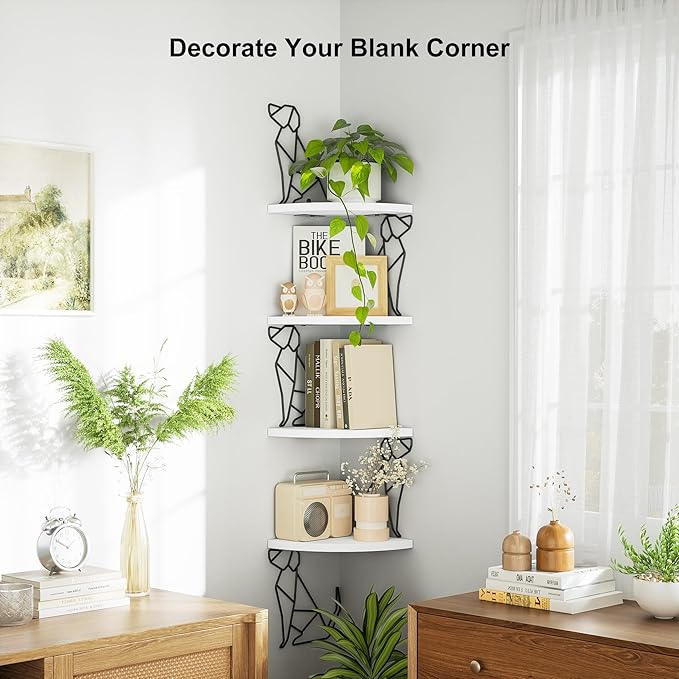 Alsonerbay White Corner Shelf Wall Mount, 4 Tier Floating Shelf for Wall Storage, Rustic Wood Shelves for Bedroom, Living Room, Bathroom, Entryway, Garage (Dog Shaped)