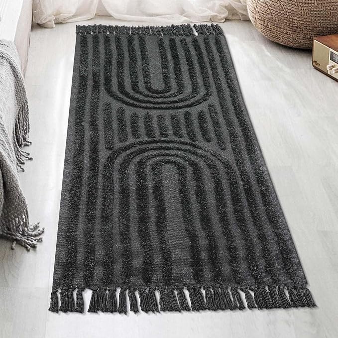 LEEVAN Washable Kitchen Runner Rug 2'X5', Hand-Woven Bathroom Runner Rug with Tassels, Dark Grey Entryway Runner Rug, Tufted Rainbow Bedroom Rug Runner, Farmhouse Hallway Rug for Laundry/Living Room