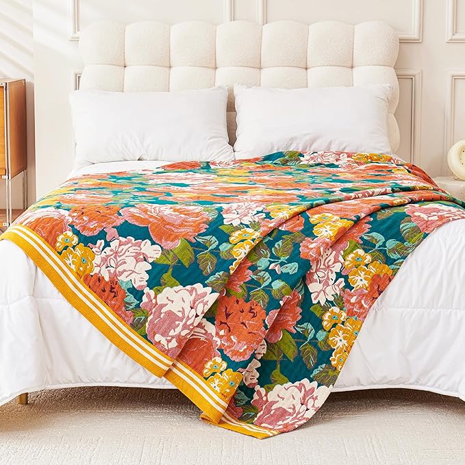 Boho Throw Blanket, 100% Organic Cotton Breathable Ultra Soft Bed Quilt Throw - All Season Floral Bird Butterfly Farmhouse Decor Blanket for Sofa Couch Chair and Gift. 80" x 90"