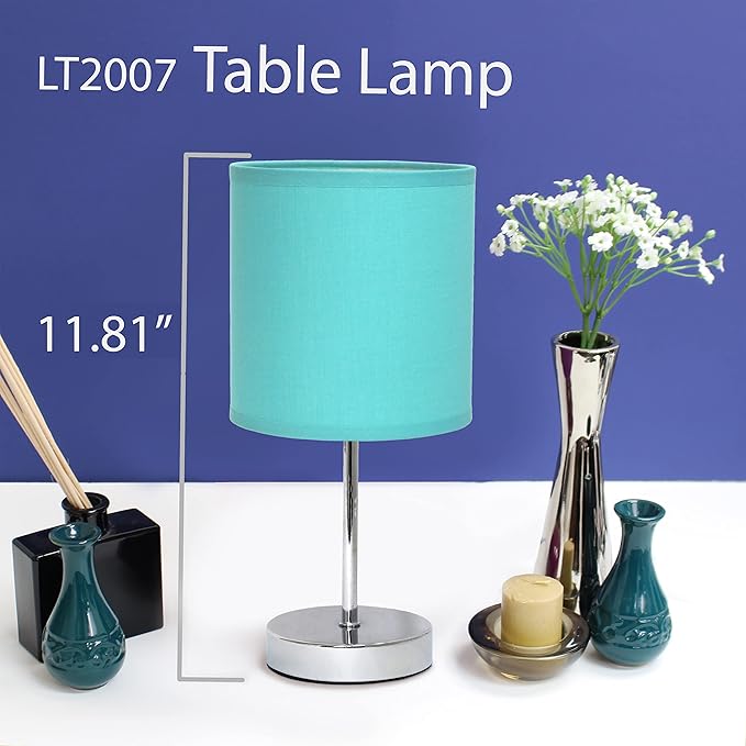 Simple Designs LT2007-BLU-2PK Chrome Mini Basic Table Lamp with Fabric Shade 2 Pack Set, Blue Turquoise