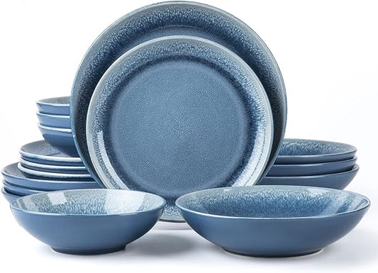 FAIT Round Stoneware 16pc Double Bowl Dinnerware Set for 4, Dinner Plates, Side Plates, Cereal Bowls, Pasta Bowls - Reactive Glaze Blue (449322)