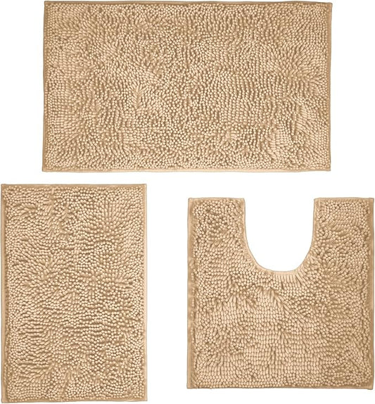 Bathroom Rugs Sets 3 Piece Washable, Luxury ，Chenille Bath Mat Set, Soft Plush Anti-Slip Rectangular Bath， Rug Super Absorbent.3 Pieces Bathroom (Camel, 32"x20"+24"x16"+U Shape 20"x20")