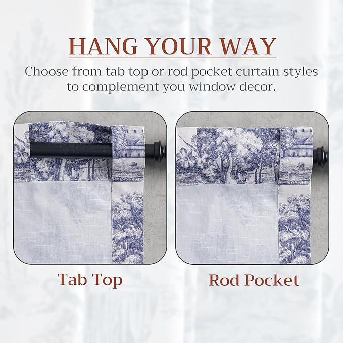 Maison d' Hermine Curtains for Living Room 100% Cotton 124 inch Length Two Panels Light Filtering Toile Curtains for Bedroom Windows with Rod and Loop Pockets Drapes (Trianon Blue, 50" W x 124" L)