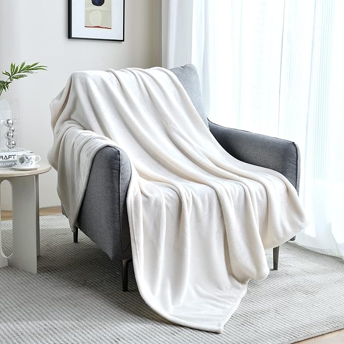 SOCHOW Flannel Fleece Blanket Throw Size, All Season Super Soft Cozy Blanket for Bed or Couch, Cream White, 50x60 inches