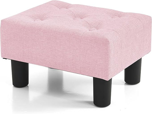 BRIAN & DANY Small Foot Stool, Linen Foot Stools with Legs, Stable Small Footstool for Living Room, Pink