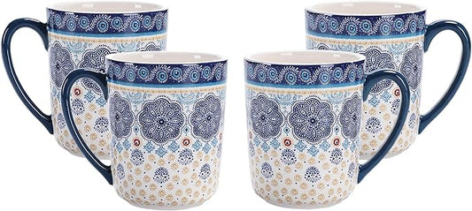 Bico Blue Talavera Ceramic Mugs, Set of 4, for Coffee, Tea, Drinks, Microwave & Dishwasher Safe
