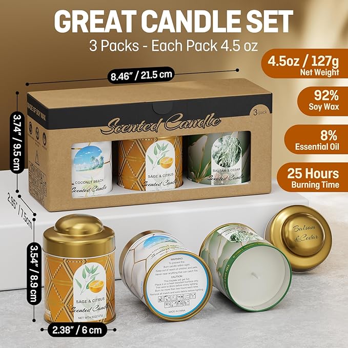 3-Pack Aromatherapy Candle Set - Balsam & Cedar, Sage & Citrus, Coconut & Beach Scented Candles 4.5oz Each | 25+ Hour Relaxing Long-Lasting Burn | Natural Soy Candles for Home, Gifts & Christmas