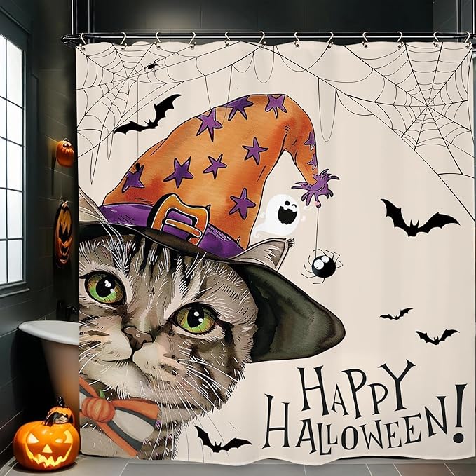 Halloween Cat Funny Shower Curtain 60Wx72L Inch Horror Spooky Scary Witch Bat Spider Animal Holiday Bathroom Set Accessories Decor with 12 Pack Hooks