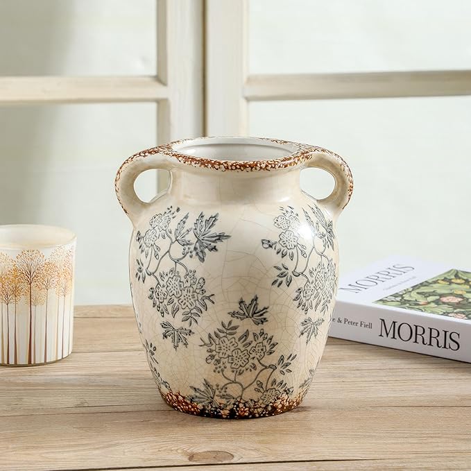Enra Vintage vase with Handle,Blue and White Ceramic Decorative Flower vase, Chinoiserie Floral Vase,Large Rustic Vases for Home Decors, Living Room, Bookshelf, Office,7.8 in