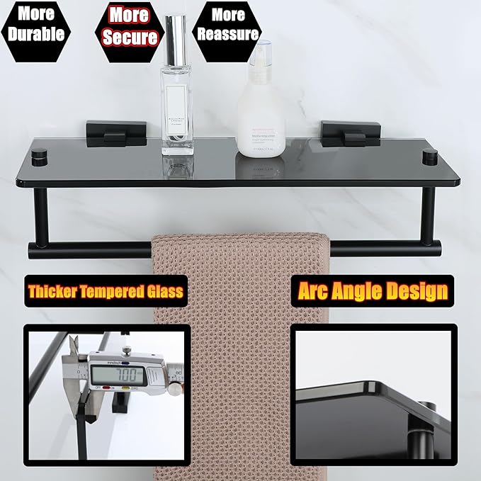 Alise Bathroom Shelves Glass Shelf with Bar,Wall Mount Floating Shelves for Bathroom,1 Tier Tempered Glass Holder Rack Storage Organizer,SUS304 Stainless Steel GOY6380-B Black