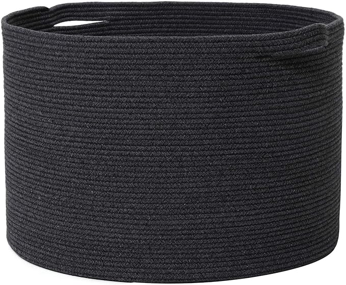 24" x 24" x 17" Max Size Large Cotton Rope Basket, Extra Large Storage Basket, Woven Laundry Hamper, Cloth Storage Bin, for Blankets Clothes Towels Pillows in Living Room, All Black Grey Mix
