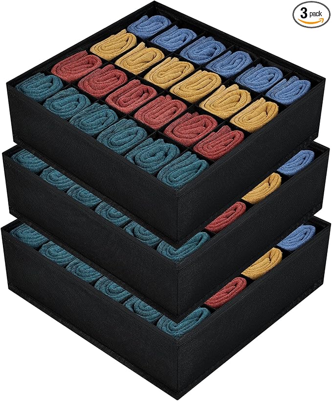 Joyoldelf Sock Drawer Organizer 3 Pack Sock Underwear Organizer Dividers 72 Cells Fabric Foldable Cabinet Closet Organizers and Storage (Black)