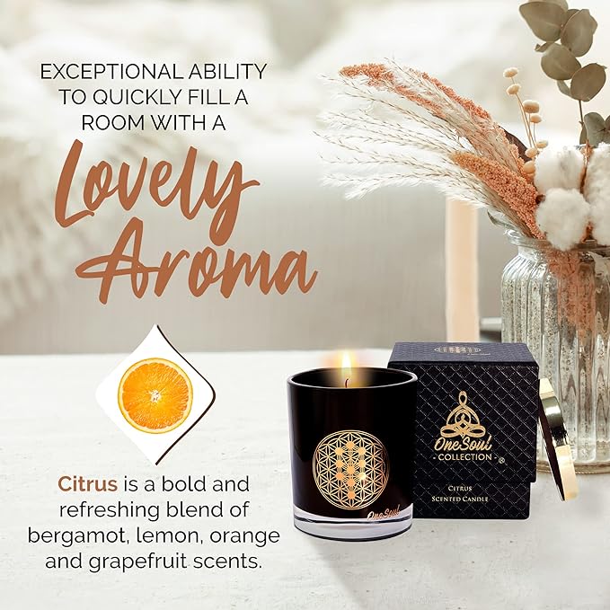 Citrus Aromatherapy Candle, Zesty Scented Candles, Luxury Candles Scented with Tree of Life Symbol, Hand-Poured Soy Candle, 50 Hours Burn Time, 7.6 oz. - OneSoul Collection