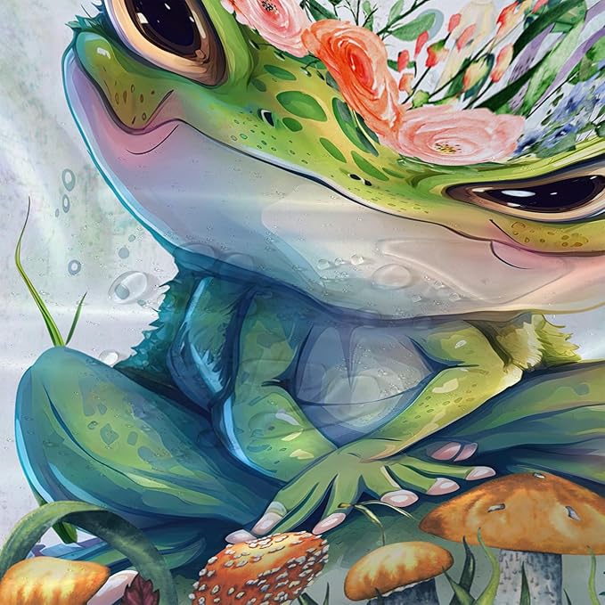AILONEN Cute Frog Shower Curtain Cartoon Animal Wildlife Frog Cartoon Mushroom Minimalist Modern Art Retro Green Shower Curtain Bathroom Decor Curtains with 12 Hooks 48" W*72" H