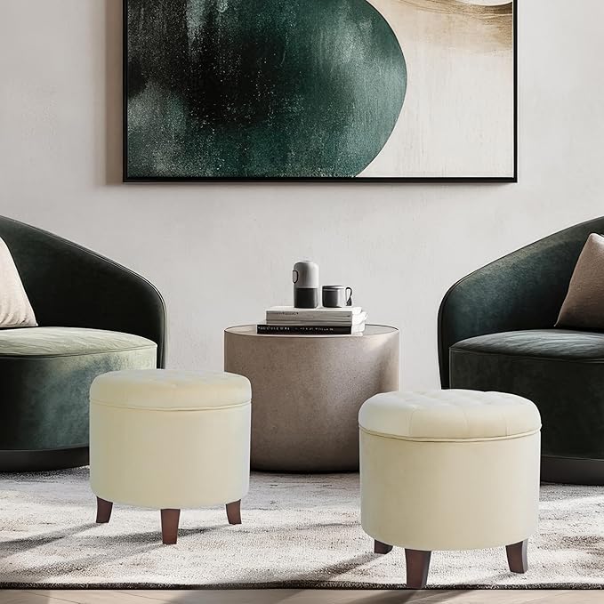 Homepop Home Decor | Upholstered Round Velvet Tufted Foot Rest Ottoman | Ottoman with Storage for Living Room & Bedroom | Decorative Home Furniture, Cream Small